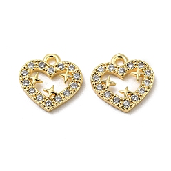 Real 18K Gold Plated Brass Micro Pave Clear Cubic Zirconia Charms, Heart with Star, Real 18K Gold Plated, 11.5x11.5x2mm, Hole: 1.2mm