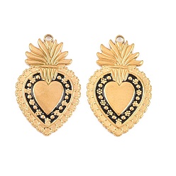 Черный 304 нержавеющей стальной эмали подвески, подвеска в виде пылающего сердца, реальный 18 k позолоченный, ионное покрытие (ip), долговечный, чёрные, 30x19x1.8 мм, отверстие : 1.8 мм