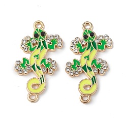 Green Alloy Enamel Connector Charms, Lizard Links with Crystal Rhinestone, Light Gold, Cadmium Free & Nickel Free & Lead Free, Green, 30x16x2mm, Hole: 1.6mm