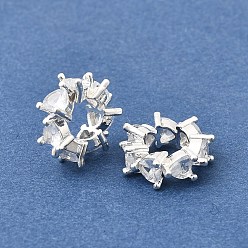 Серебро Бусины в форме сердца из латуни с микропаве и прозрачным кубическим цирконием, европейские бусины, рондель, колесо, бусины с большими отверстиями, стойки покрытие, долговечный, без свинца и без кадмия, серебряные, 11x4 мм, отверстие : 5 мм