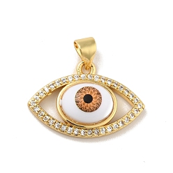 Saddle Brown Brass Micro Pave Cubic Zirconia Pendants, with Acrylic, Cadmium Free & Lead Free, Long-Lasting Plated, Evil Eye, Real 18K Gold Plated, Saddle Brown, 15x22.5x6mm, Hole: 4x3.5mm