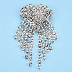 Silver Crystal Rhinestone Heart with Tassel Lapel Pin, Creative Brass Badge for Backpack Clothes, Silver, 81x39x10mm, Pin: 0.7mm