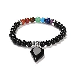 Obsidian Natural Black Obsidian & Mixed Gemstone Round Beaded Stretch Bracelets, Chakra Theme Bracelet with Half Heart Charms, Inner Diameter: 2-1/4 inch(5.75cm)