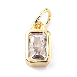 Clear Glass Charms, with Real 18K Gold Plated Brass Findings and Jump Rings, Rectangle, Clear, 10x5.5x3mm, Hole: 3.5mm