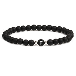 Dumb Black Stone F 6mm Matte Agate Stone Beaded Letter Bracelet for Men and Couples Jewelry