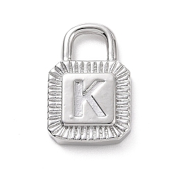 Letter K Eco-friendly Rack Plating Brass Pendants, Cadmium Free & Lead Free, Long-Lasting Plated, Lock with Alphabet, Platinum, Letter.K, 15x10x3mm, Hole: 3.5x4mm