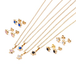 Mixed Color Vacuum Plating Rhinestone Stud Earrings and Pendant Necklaces Sets, with 304 Stainless Steel Findings, Star, Golden, Mixed Color, 17.60~18.31 inch(44.7~46.5cm), 7mm, Pin: 0.7mm