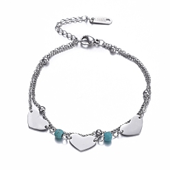 Edelstahl Farbe 304 Edelstahl-Multi-Strang-Armbänder, mit synthetischen Türkis Perlen und Karabinerverschlüsse, Herz, Edelstahl Farbe, 6-3/4 Zoll (17 cm)