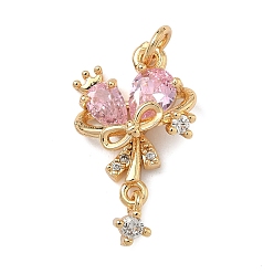 Бледно-Розовый Кулон из циркония, подвески в виде короны и бантика, реальный 18 k позолоченный, розовый жемчуг, 23x15x5 мм, Перейти кольцо: 5x0.8 мм, отверстие : 3.4 мм