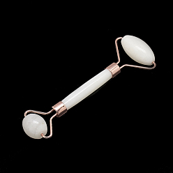 White Jade Natural White Jade Massage Tools, Facial Rollers, with Brass Findings, Rose Gold, 13.5~15.3x4~6x2~2.05cm