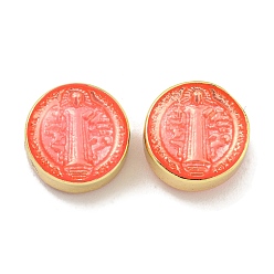 Коралловый Стойки покрытие латунь эмаль бисер, без кадмия и без свинца, реальный 18 k позолоченный, плоский круглый со святым, коралл, 12x7 мм, отверстие : 1.8 мм