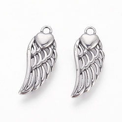 Antique Silver 304 Stainless Steel Pendants, Wings with Heart, Antique Silver, 20x8x2.5mm, Hole: 1.6mm