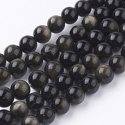 Golden Sheen Obsidian Natural Golden Sheen Obsidian Beads Strands, Round, 8mm, Hole: 1mm, about 48pcs/strand, 15.5 inch
