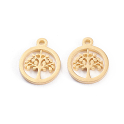 Golden 304 Stainless Steel Charms, Laser Cut, Ring with Tree of Life, Golden, 12x10x1mm, Hole: 1.2mm