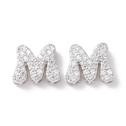 Letter M 925 Sterling Silver Micro Pave Cubic Zirconia Beads, Real Platinum Plated, Letter M, 9.5x11x3.5mm, Hole: 2.5x1.5mm