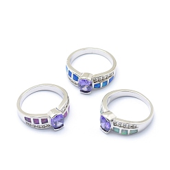 Platinum Cubic Zirconia Finger Rings, with Synthetic Opal and Brass Findings, Long-Lasting Plated, Oval, Mauve, Platinum, US Size 7 1/4(17.5mm)