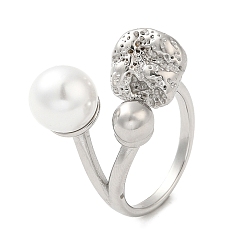 Stainless Steel Color 304 Stainless Steel Round Ball Open Cuff Ring with ABS Plastic Imitation Pearl, Stainless Steel Color, Inner Diameter: 17mm