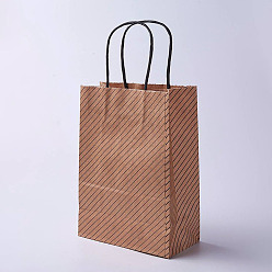 Camel kraft Paper Bags, with Handles, Gift Bags, Shopping Bags, Brown Paper Bag, Rectangle, Diagonal Stripe Pattern, Camel, 27x21x10cm