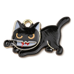 Black Printed Alloy Pendants, with Enamel, Golden, Cadmium Free & Nickel Free & Lead Free, Cat with Knife Shape Charms, Black, 17x29x1.5mm, Hole: 2mm