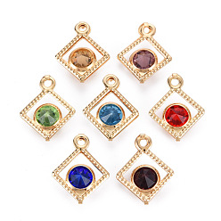Mixed Color Rack Plating Eco-Friendly Iron Pendants, with Rhinestone, Cadmium Free & Nickel Free & Lead Free, Light Gold, Rhombus, Mixed Color, 16.5x13x5.5mm, Hole: 1.4mm