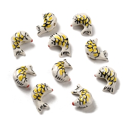 Yellow Handmade Printed Porcelain Beads, Famille Rose Porcelain, Fish, Yellow, 14~15x20~20.5x10~10.5mm, Hole: 1.8~2mm