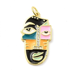 Black Real 18K Gold Plated Brass Clear Cubic Zirconia Pendants, with Enamel and Jump Ring, Abstract Face, Black, 26x15x4mm, Hole: 3.4mm
