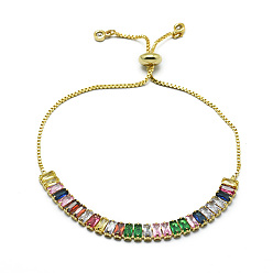 Colorful Brass Cubic Zirconia Bolo Tennis Bracelets, Slider Box Chains Bracelets, Golden, Colorful, 10-1/4 inch(26cm)