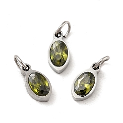 Olive Drab 304 Stainless Steel Pendants, with Cubic Zirconia and Jump Rings, Single Stone Charms, Oval, Stainless Steel Color, Olive Drab, 10x5x3mm, Hole: 3.4mm