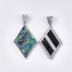 Platinum Abalone Shell/Paua Shell Pendants, with Resin Bottom and Alloy Findings, Rhombus, Platinum, 73.5~74x41.5~42x5~5.5mm, Hole: 6.5x14.5mm