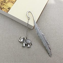 Elephant Glow in The Dark Bookmark, Luminous Alloy Feather Shape Bookmark, Pendant Bookmark, Antique Silver, Elephant Pattern, 115mm