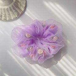 purple Floral Double-layer Ponytail Holder for Girls with Chiffon Large Intestine Hair Accessories.