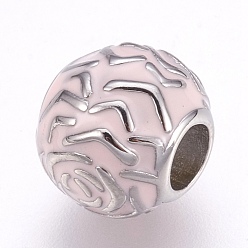 Misty Rose 304 Stainless Steel European Beads, Large Hole Beads, with Enamel, Rondelle with Flower, Stainless Steel Color, Misty Rose, 11x9.5mm, Hole: 4.5mm