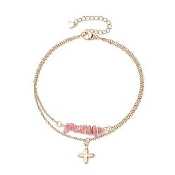 Golden Natural Rhodochrosite Chips Beaded & Cross Charms Double Layer Multi-strand Bracelet, Stainless Steel Jewelry for Women, Golden, 9-3/8 inch(23.7cm)