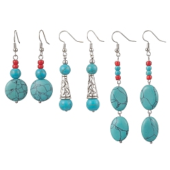 Платина Бронзовые синтетические бирюзовые серьги, разнообразные, платина, 51~82x9.5~16 мм, 3 пар / набор