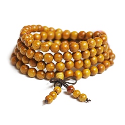 Goldenrod 108 Beads Prayer Mala Bracelet, Wood Round Beaded Wrap Bracelet Necklaces for Ramadan & Eid Mubarak, Goldenrod, 35-3/8 inch(90cm)
