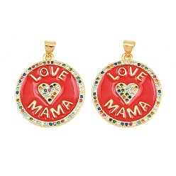 Красный Латунные микро проложить кубического циркония подвески, с эмалью, без кадмия и без свинца, реальный 18 k позолоченный, стойки покрытие, долговечный, Плоские круглые подвески со словом «любовь, мама», День матери, красные, 28x25x2 мм, отверстие : 3x5 мм