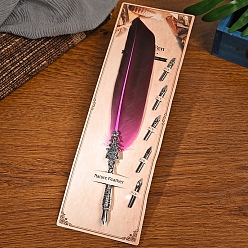 Medium Violet Red Feather Quill Pen, Vintage Feather Dip Ink Pen, Zinc Alloy Pen Stem Writing Quill Pen Calligraphy Pen As Christmas Birthday Gift Set, Medium Violet Red, 23~24cm