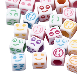 White White Craft Acrylic Beads, Cube with Mixed Expression, 6x6x6mm, Hole: 3.5mm, about 1200pcs/200g