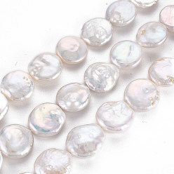 Seashell Color Natural Keshi Pearl Beads Strands, Cultured Freshwater Pearl, Flat Round, Seashell Color, 12~15x12~14x4~8mm, Hole: 0.6mm, about 27~28pcs/strand, 15.35 inch(39cm)