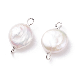 Stainless Steel Color Natural Baroque Pearl Keshi Pearl Connector Charms, Cultured Freshwater Pearl, with 304 Stainless Steel Double Loops, Flat Round, Floral White, Stainless Steel Color, 19.5x11.5x4.5~5.5mm, Hole: 1.8~2mm