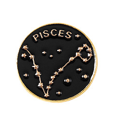Pisces Black Constellations Word Enamel Pin, Gold Plated Alloy Flat Round Badge for Backpack Clothes, Pisces, 20mm