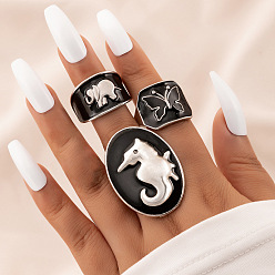 21829 Black Oil Drop Seahorse Elephant Ring Set with Rose Butterfly Design - 4 Pieces