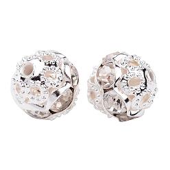 Crystal Brass Rhinestone Beads, Grade A, Silver Color Plated, Round, Crystal, 8mm, Hole: 1mm, 20pcs/box