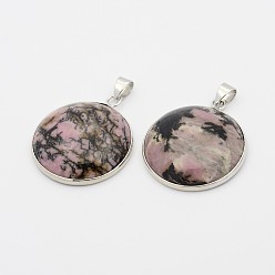 Rhodonite Natural Rhodonite Half Round Pendant, with Platinum Plated Brass Finding, 34x29x8mm, Hole: 6x4mm