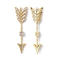 Real 18K Gold Plated Brass Micro Pave Clear Cubic Zirconia Pendants, Arrows Charms, Real 18K Gold Plated, 47.5x12.5x3.5mm, Hole: 1.6mm