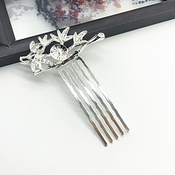 Silver Alloy Hair Comb Finding, Flat Round Cabochon & Enamel Settings, with Iron Comb, Flower, Silver, 68x50mm