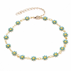 Dark Turquoise Golden Brass Flower Enamel Links Anklets, with Brass Curb Chains & Lobster Claw Clasps, Dark Turquoise, 9-1/2 inch(24.2cm)