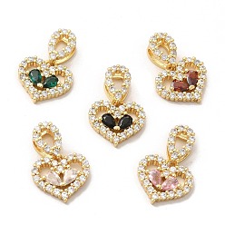 Mixed Color Rack Plating Brass Micro Pave Cubic Zirconia Charms, Long-Lasting Plated, Cadmium Free & Lead Free, Real 18K Gold Plated, Heart, Mixed Color, 14x15x3.5mm, Hole: 5.5x3mm