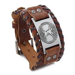 Sienna Imitation Leather Braided Bracelets, with Tree of Life Metal Buckle, for Men, Sienna, 10-7/8x1-1/2 inch(27.5x3.8cm)