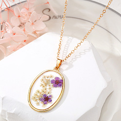 4# elliptical purple flower Natural Dried Flower Necklace with Geometric Resin Pendant and Transparent Droplet, for Women's Sweater Chain.